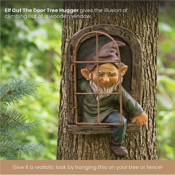 12-inch Elf Out The Door Tree Hugger -Yard Decorations -Whimsical Tree Sculpture - Picture 3 of 7